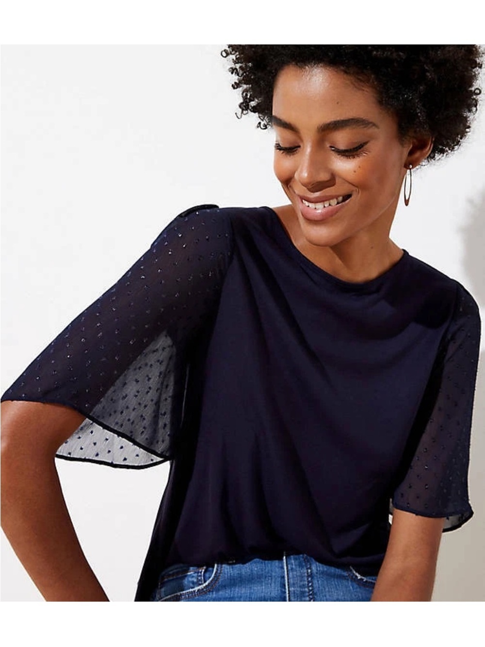 NWT LOFT Women’s XXSP Shimmer Dot Flare Sleeve Mixed Media Top navy blue petite